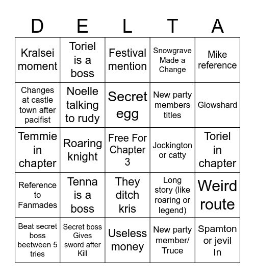 Deltarune chapter 3 bingo Card