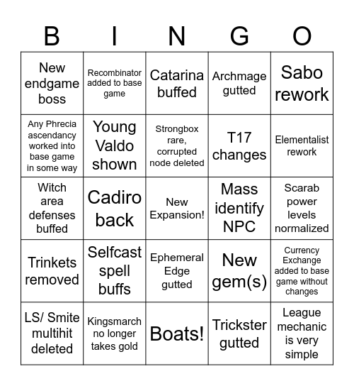 POE Announcement Bingo Card Bingo Card