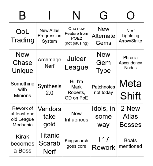 PoE 1 Livestream Bingo Card