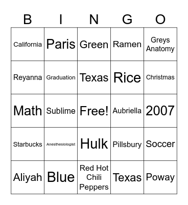 Angelena Bingo Card Bingo Card