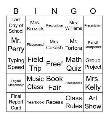 End of 5th Grade Bingo Card
