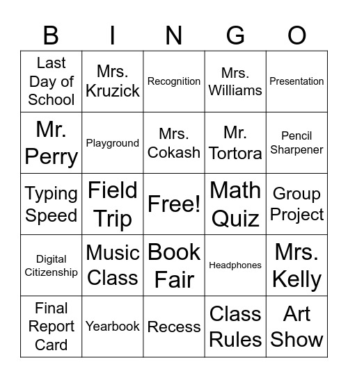 End of 5th Grade Bingo Card