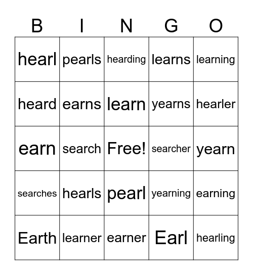 ear /er/ pearl Bingo Card