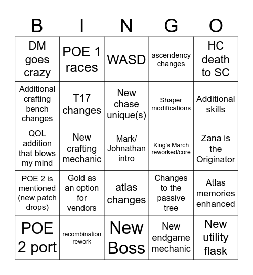 POE 1 3.26 Bingo Card