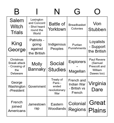 End of Year Social Studies Board Bingo Card
