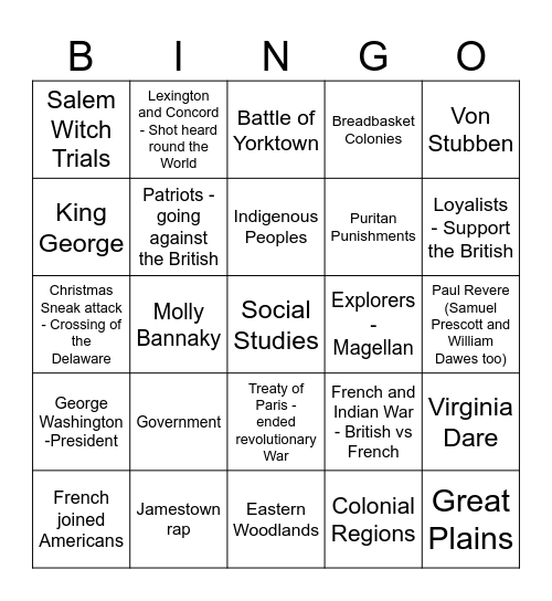 End of Year Social Studies Board Bingo Card