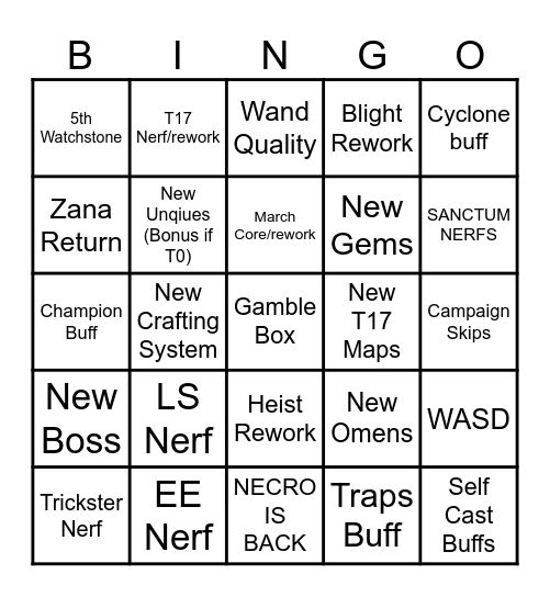 PoE Stream Bingo Card