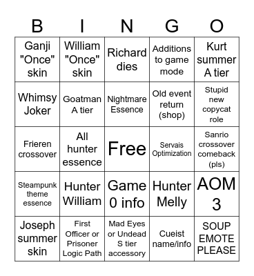 IDV Live Stream Predictions Bingo Card