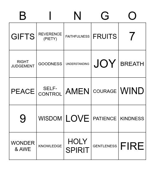 Fruits & Gifts of the Holy Spirit Bingo Card