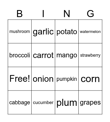 Vegetables/ fruits Bingo Card