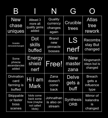 Livestream Bingo Card