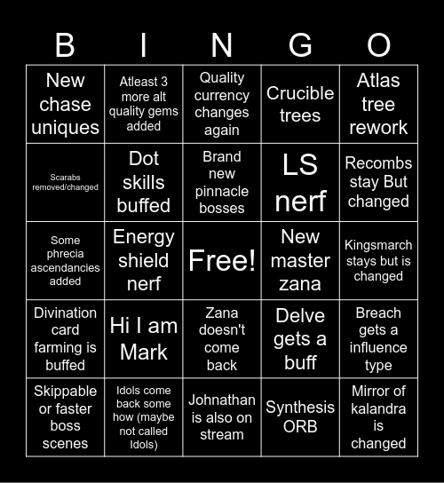 Livestream Bingo Card