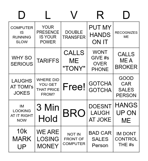 Car Buying Negotiation Bingo Card