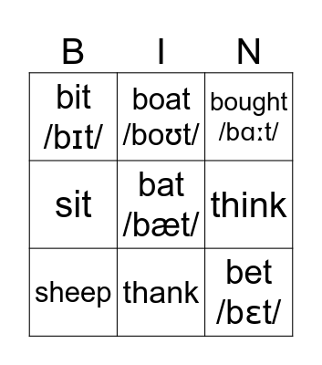 English sounds bingo Card