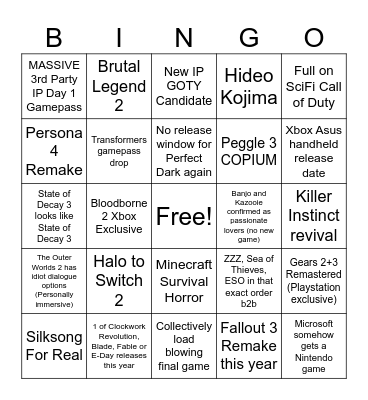Xbox Showcase 2025 Bingo Card