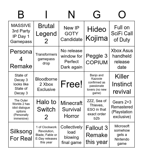 Xbox Showcase 2025 Bingo Card