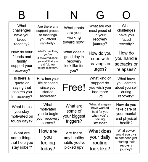 Addiction Recovery Bingo Card