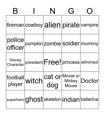 Halloween Costume People Bingo Card