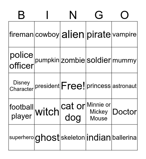 Halloween Costume People Bingo Card