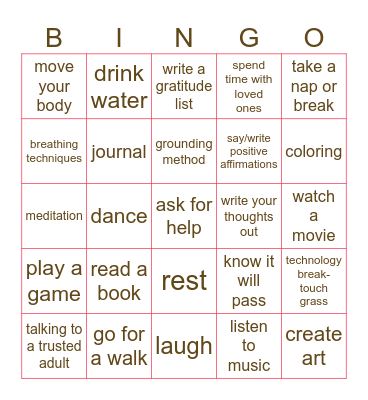 Destress Bingo Card