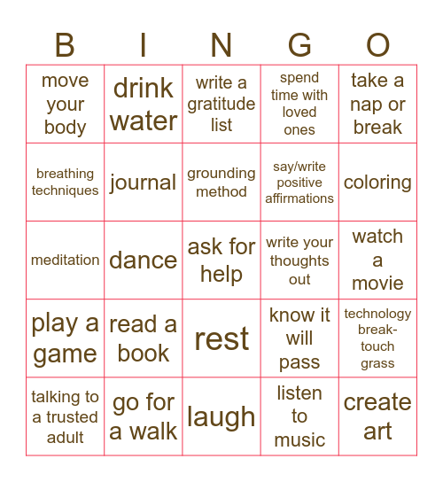 Destress Bingo Card