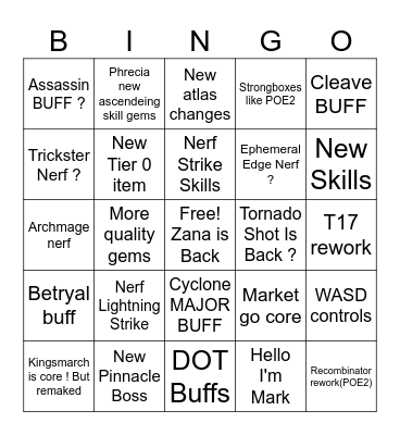 Path of Exile New League Bingo Card