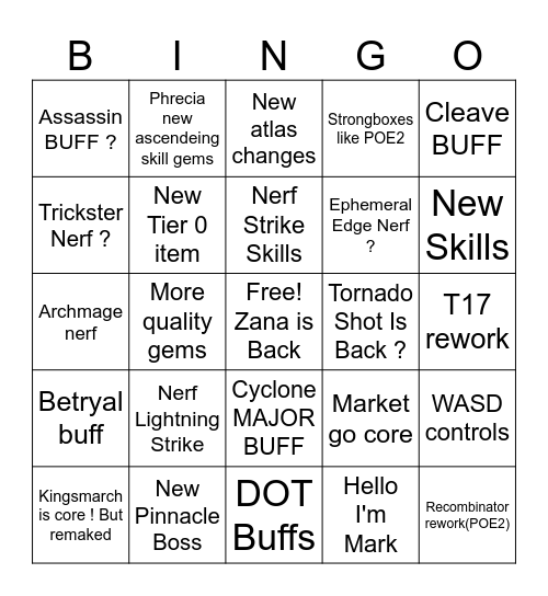 Path of Exile New League Bingo Card