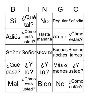 Spanish Greetings/Farewells Bingo Card