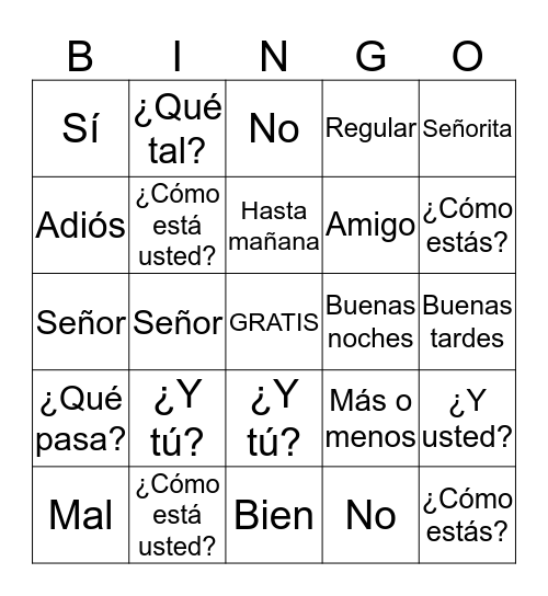 Spanish Greetings/Farewells Bingo Card