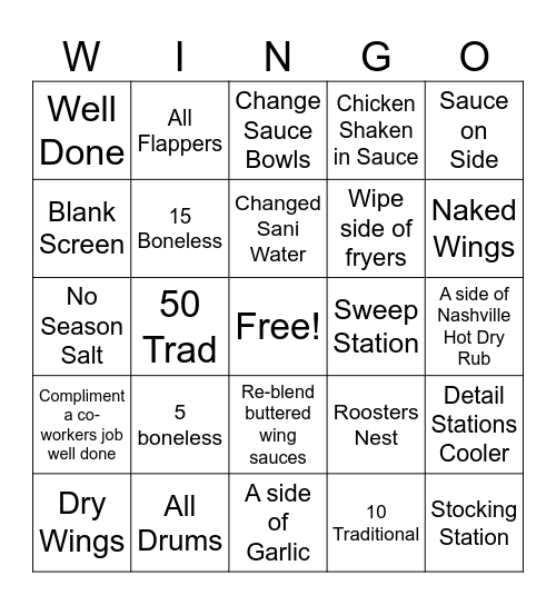 BOH WINGO WINGS Bingo Card