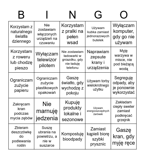 Ekologiczne Bingo Card