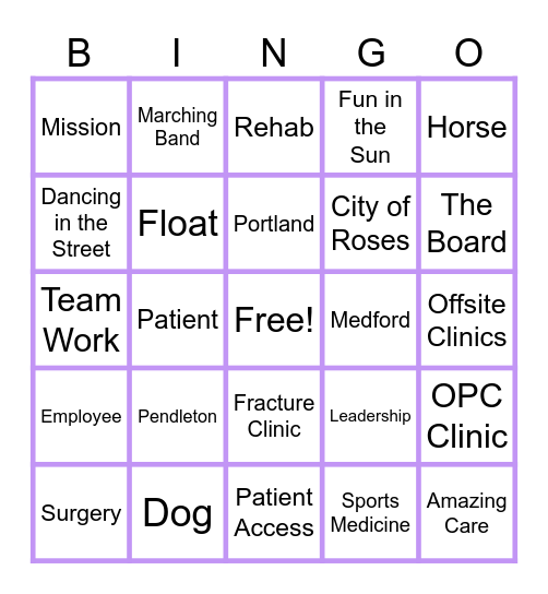 Shriners Rose Festival BINGO Card