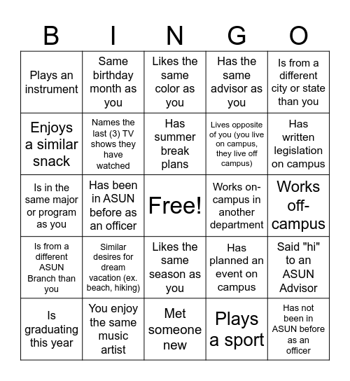ASUN BINGO Card