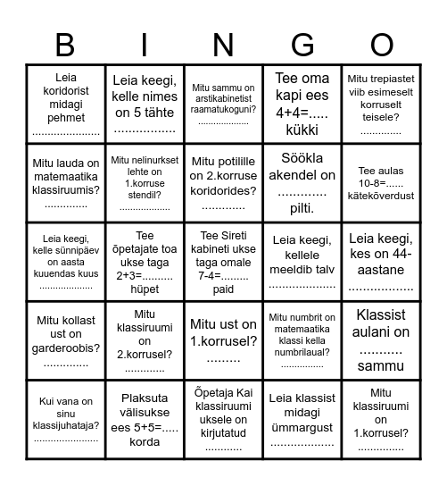 Matemaatika liikumisbingo Card