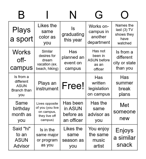 ASUN BINGO Card