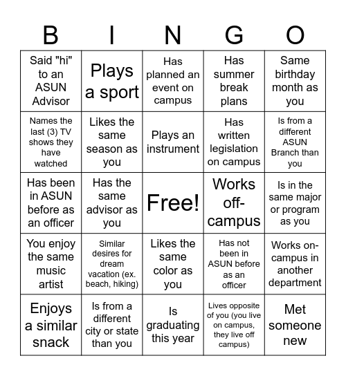 ASUN Bingo Card