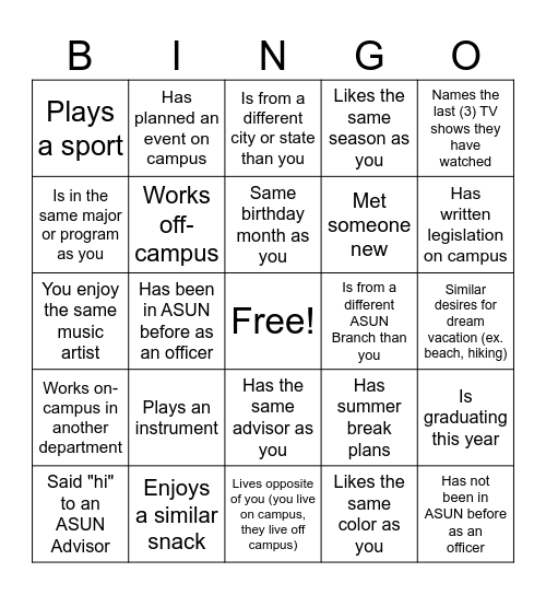 ASUN Bingo Card