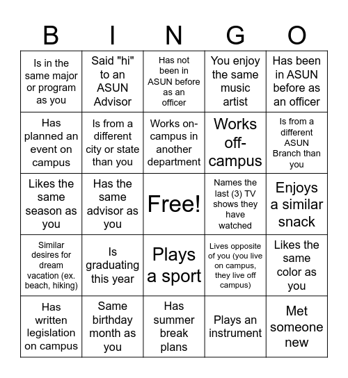 ASUN Bingo Card