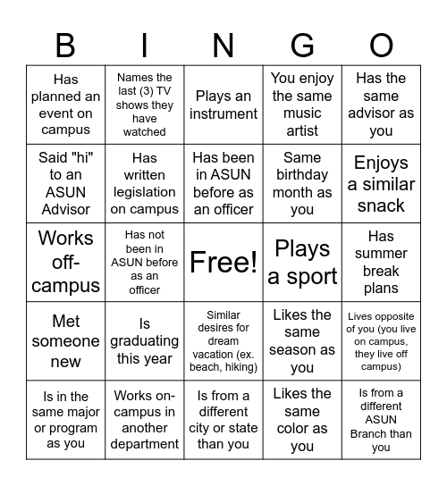 ASUN Bingo Card