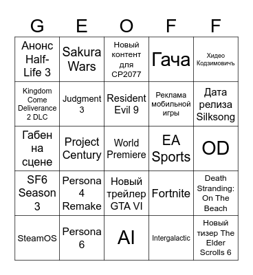 Summer Game Fest 2025 Bingo Card
