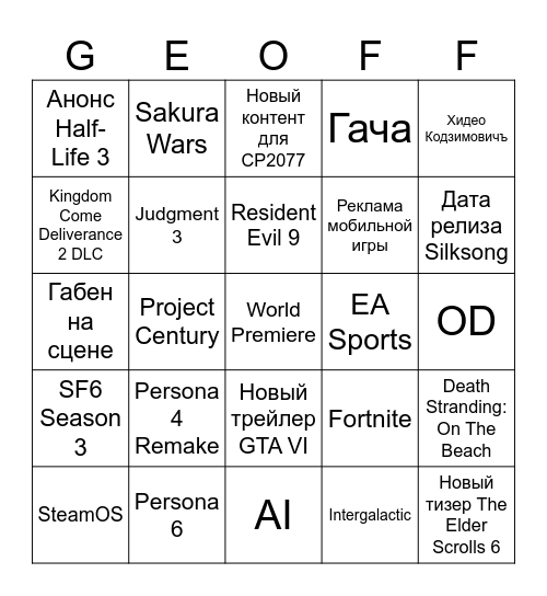 Summer Game Fest 2025 Bingo Card