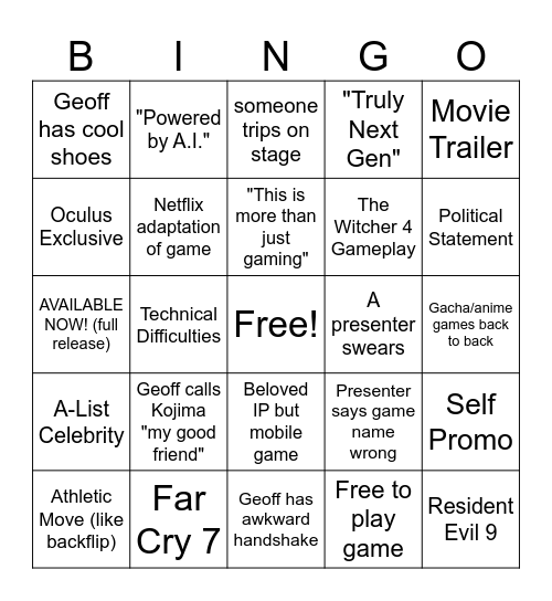 Summer Game Fest Bingo Card