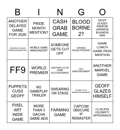 SUMMER GAMES FEST BINGO CARD Bingo Card
