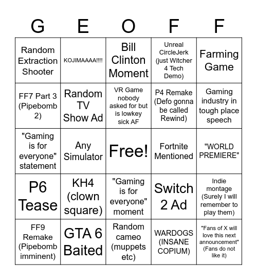 Summer Games Fest 2025 Bingo Card