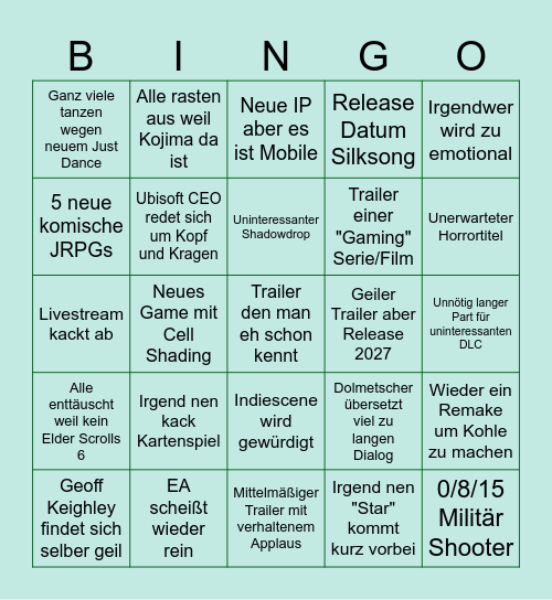 Summer Game Fest Bullshit Bingo Card