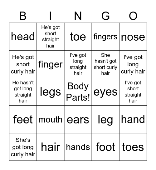 Body Parts Bingo Card