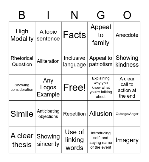 Persuasion Bingo Card