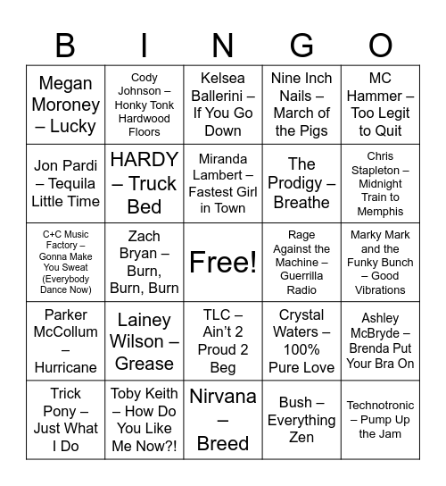 Hunter's 90s mix Bingo Card