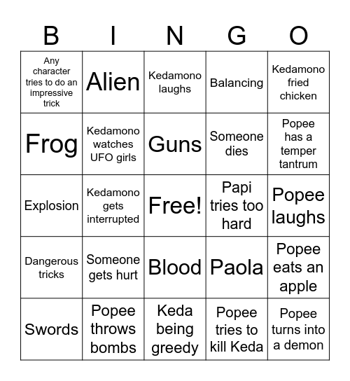 Popee the Performer Bingo Card