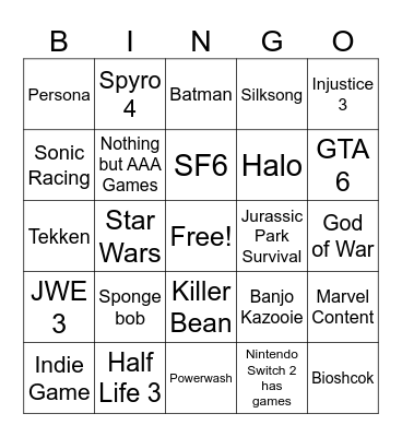 Summer Game Fest 2025 Bingo Card